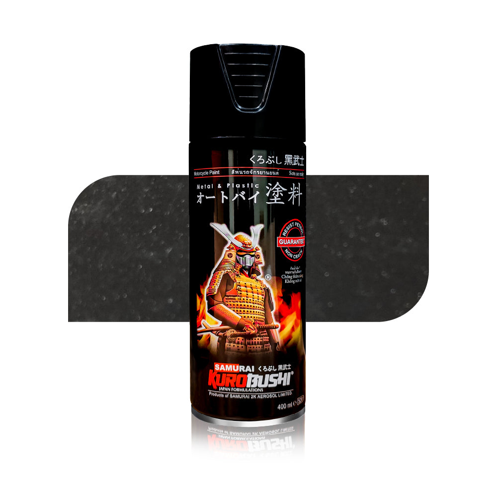 Metallic black aerosol spray can, front label view, 400 ml size