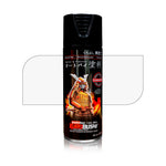 Flat clear spray paint can with black cap, cylindrical can with colorful label
