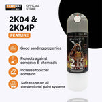Grey 2K04 epoxy primer spray can with feature icons on a white background