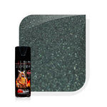 Black aerosol spray can beside dark green metallic glitter color swatch