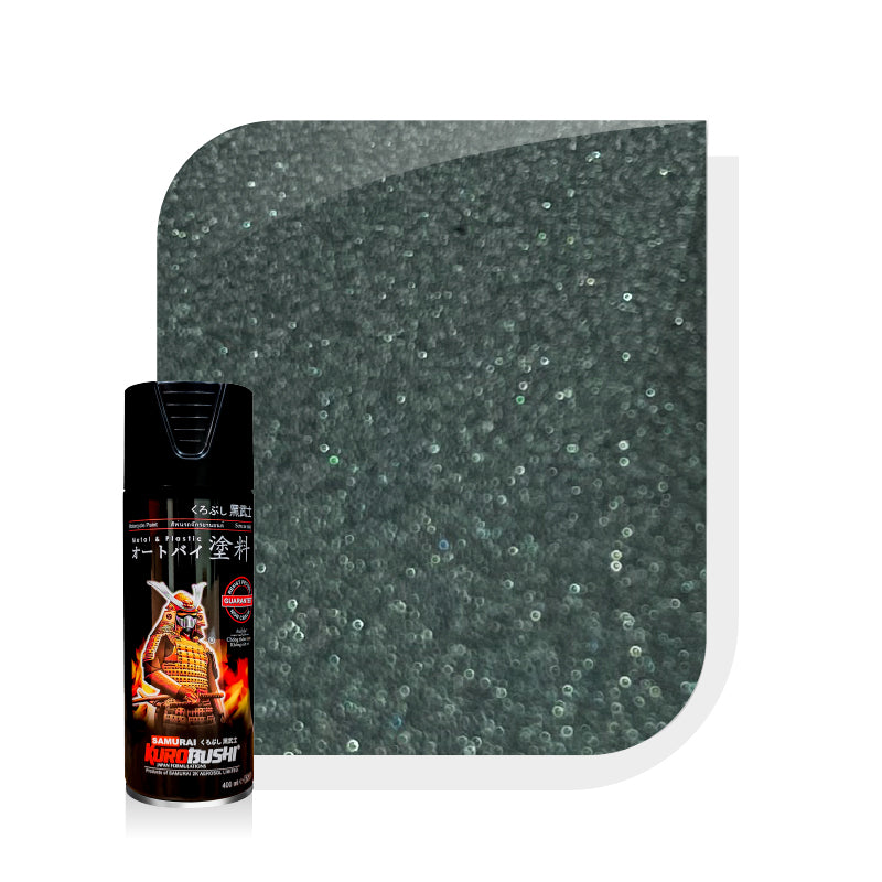 Black aerosol spray can beside dark green metallic glitter color swatch