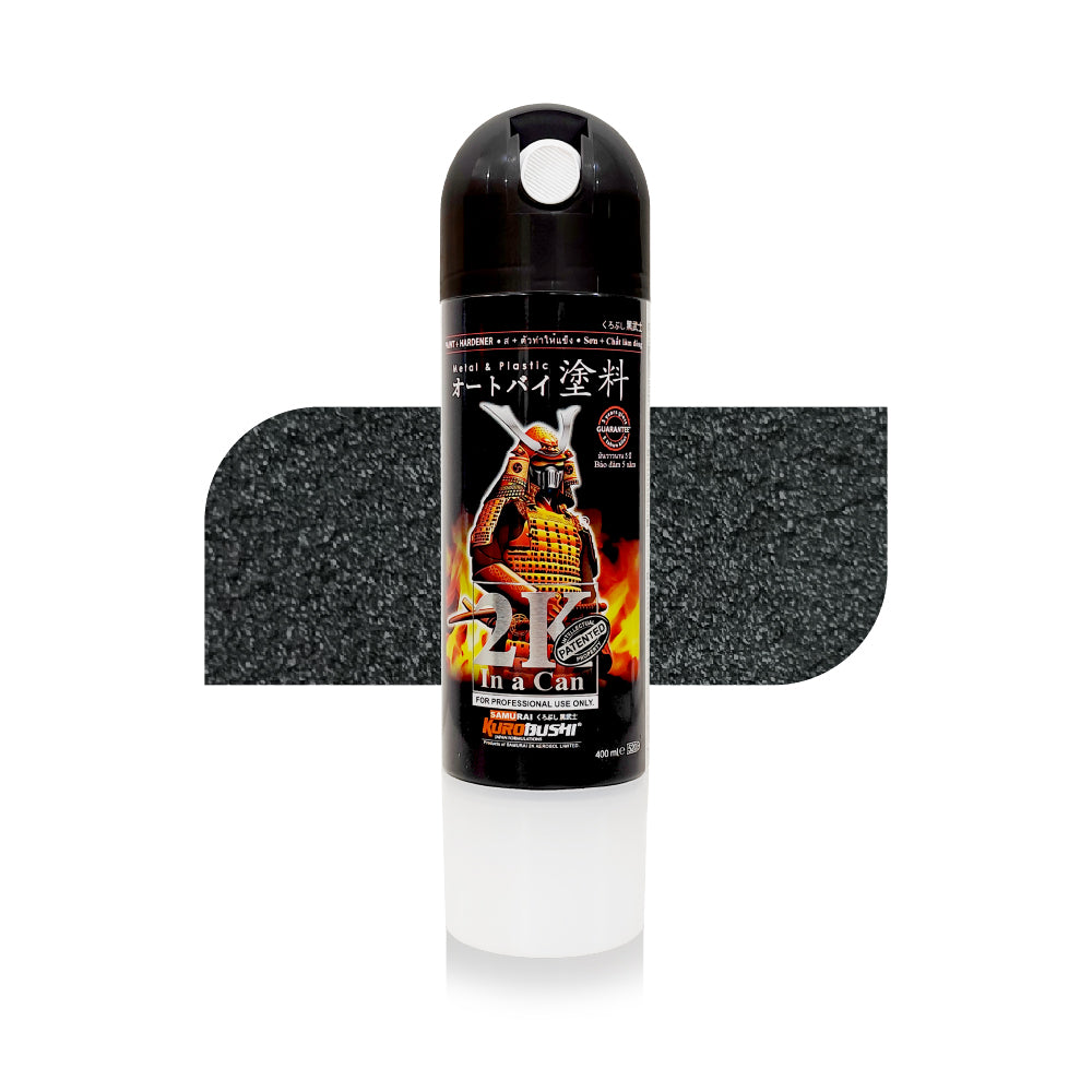 Bike spray color can with a black cap and samurai-themed label, displayed against a textured dark background for motorcycle paint use.