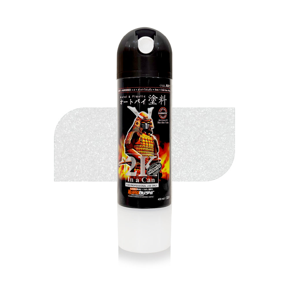 Bike white spray paint for bike in an aerosol can with a black cap and samurai-themed label, suitable for motorcycle painting and touch-ups.
