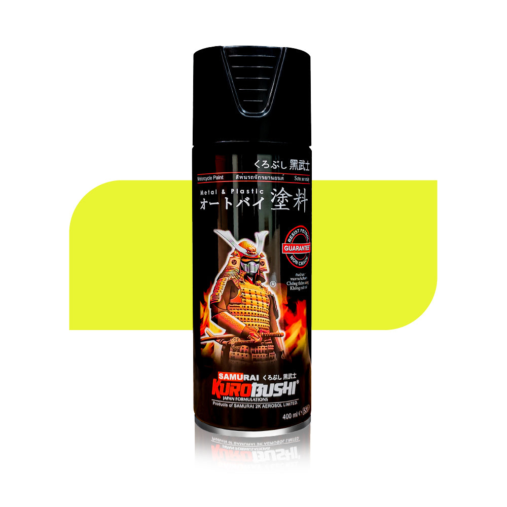 Fluorescent Yellow 56 aerosol spray colour by Spray N Shine, a durable automotive grade fluorescent colour finish for scooters, cars and motorcycles.