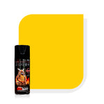Yellow aerosol spray can with black cap and colorful label