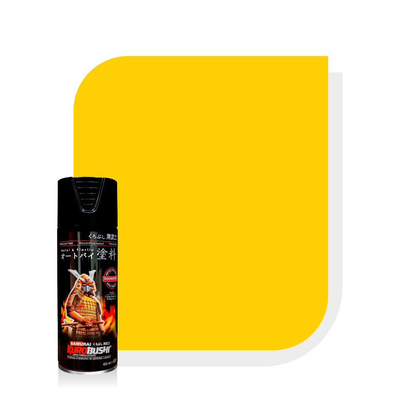 Yellow aerosol spray can with black cap and colorful label
