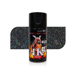 Hologram top coat nail polish, black bottle with label and holographic sparkle