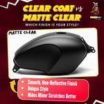 Clear coat matte label graphic with black tank and non-reflective finish benefits