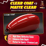 Clear coat matte label graphic with red helmet and finish benefits