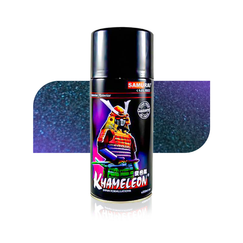 Metallic blue spray paint can featuring Samurai Khameleon automotive paint, shown with a blue textured finish for vehicle surface applications.