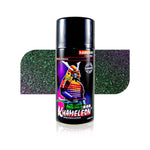 Metallic green spray paint can featuring Samurai Khameleon automotive paint, shown with a textured green finish for motorcycle and vehicle applications.