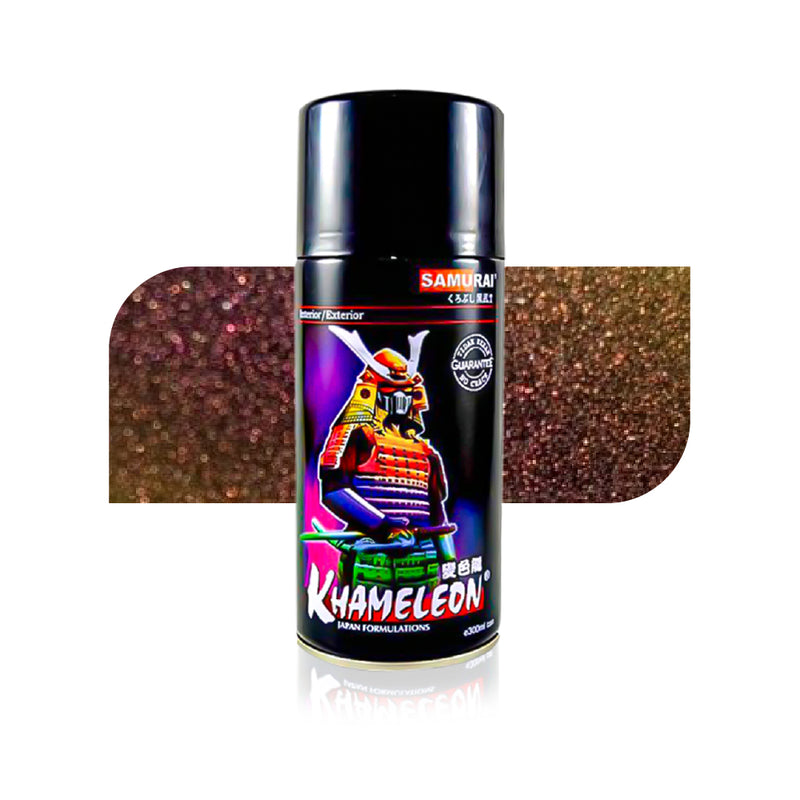 Metallic pink spray paint can featuring Samurai Khameleon automotive paint, shown with a sparkling pink and brown finish for motorcycle applications.