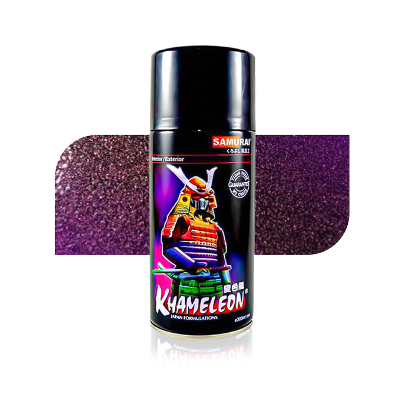 Metallic pink spray paint can featuring Samurai Khameleon automotive paint, shown with a sparkling pink finish for motorcycle applications.