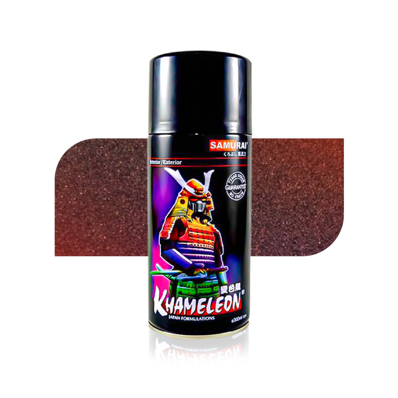 Metallic red spray paint can featuring Samurai Khameleon automotive paint, shown with a textured red finish for motorcycle and vehicle applications.
