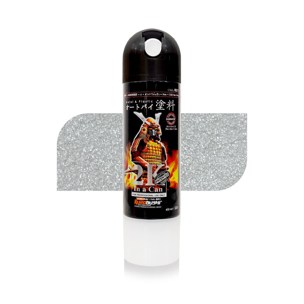 Metallic silver spray paint for bike in an aerosol can with a black cap and samurai-themed label, ideal for motorcycle painting and touch-ups.