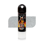 Metallic silver spray paint for bike in an aerosol can with a black cap and samurai-themed label, ideal for motorcycle painting and touch-ups.