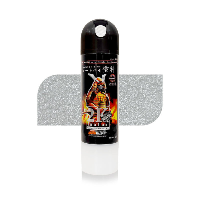 Metallic silver spray paint for bike in an aerosol can with a black cap and samurai-themed label, ideal for motorcycle painting and touch-ups.