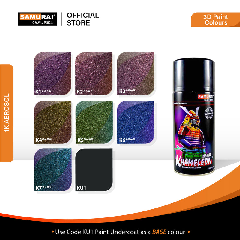 K3 color aerosol spray paint can with purple metallic finish sample swatches