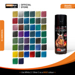 Metallic red aerosol spray paint can with black cap, angled view