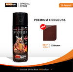 Brown aerosol spray can with black nozzle and illustrated label