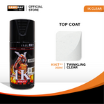 Clear top coat aerosol spray can with dark cap and product label front view