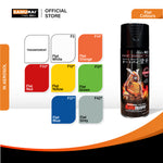 Flat white spray paint can, black canister with action-themed label