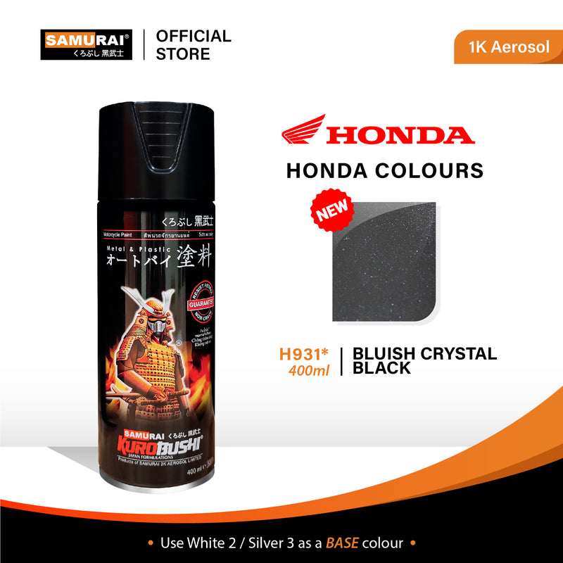 Black aerosol spray paint can with H931 label; bluish crystal black finish