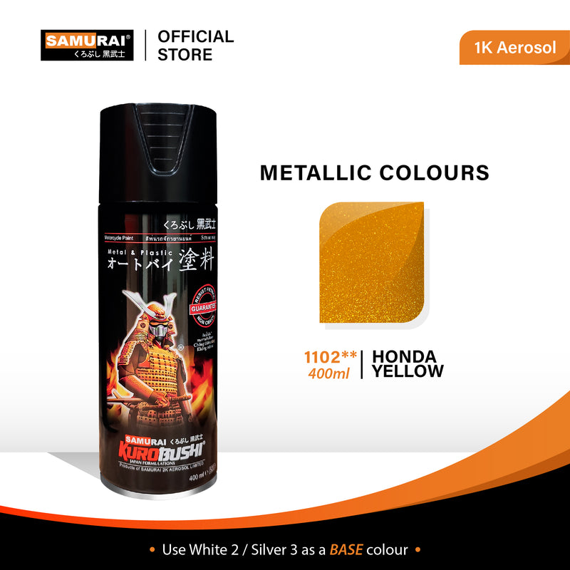 Metallic yellow spray paint aerosol can with black cap and front label artwork