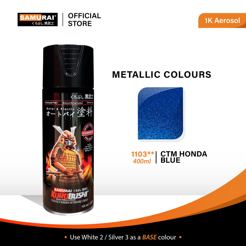 Metallic blue spray paint aerosol, 400 ml can with blue swatch.