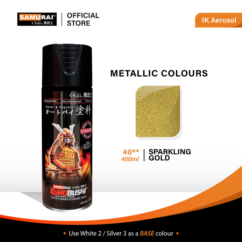 SAMURAI Kurobushi metallic gold aerosol spray can with black body and gold glitter