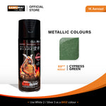 Metallic aerosol spray paint can in cypress green with green texture color swatch