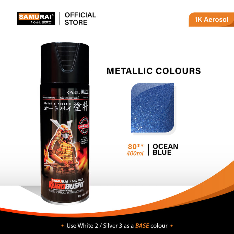 Metallic blue aerosol spray can with black cap and ocean blue finish swatch