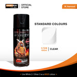 Clear top coat aerosol spray can with standard colors label and clear finish swatch