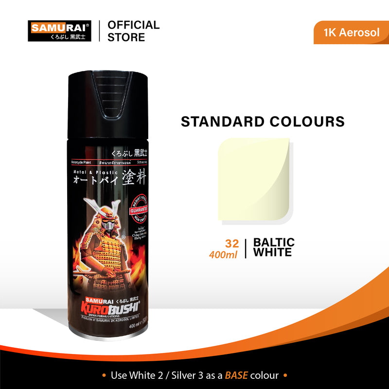 Samurai aerosol paint can, standard color BALTIC WHITE shown on swatch