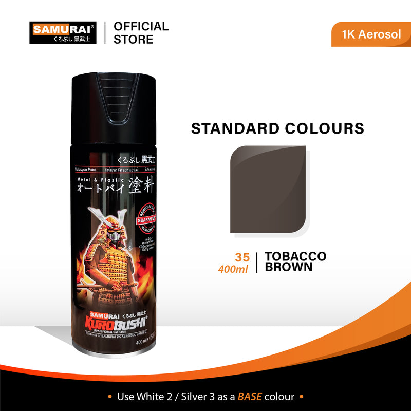 Samurai aerosol paint can, standard color TOBACCO BROWN shown on swatch