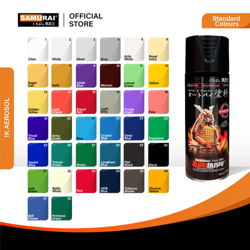Samurai aerosol paint can, standard colors chart with color swatches and black can