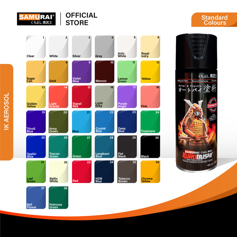 Samurai aerosol paint can, standard colors chart with color swatches and black can