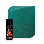 Green textured color swatch and small aerosol spray can.