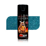 Bluish green aerosol spray paint can with black cap and detailed label