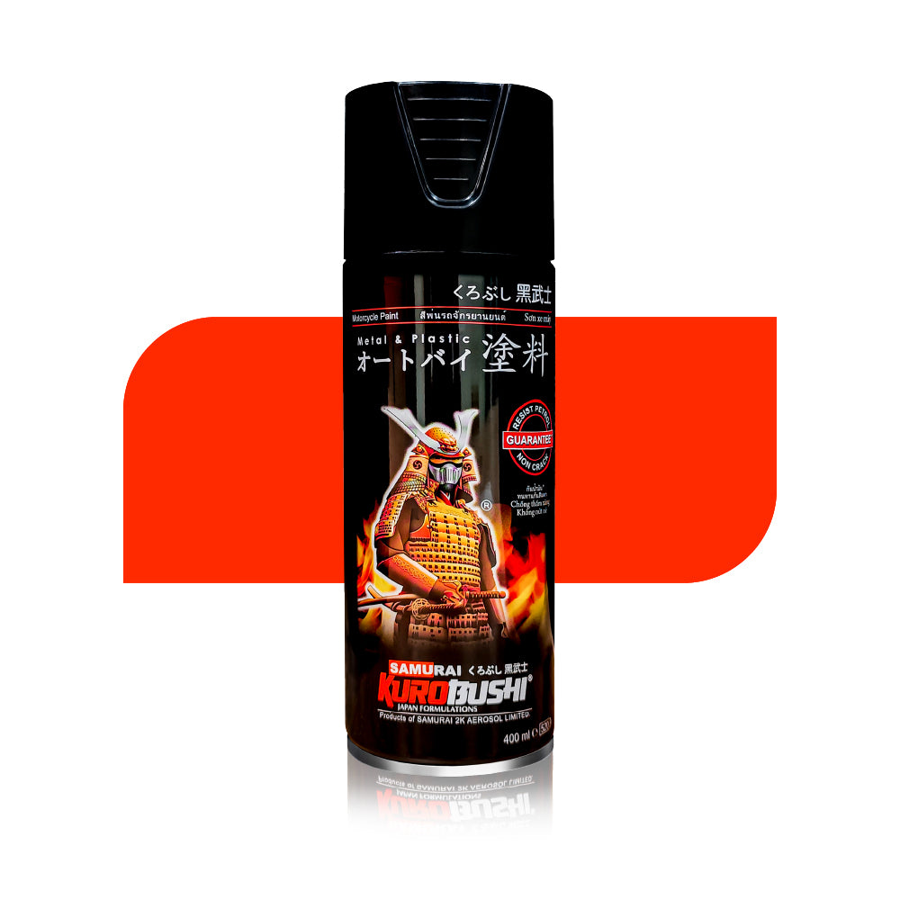 Orange spray paint can with black nozzle, cylindrical bottle with illustrated label