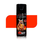 Orange spray paint can with black nozzle, cylindrical bottle with illustrated label