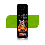 Spray paint can with colorful artwork and green-toned label, black cap