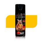 Spray paint can with black cap and colorful label on a cylindrical container