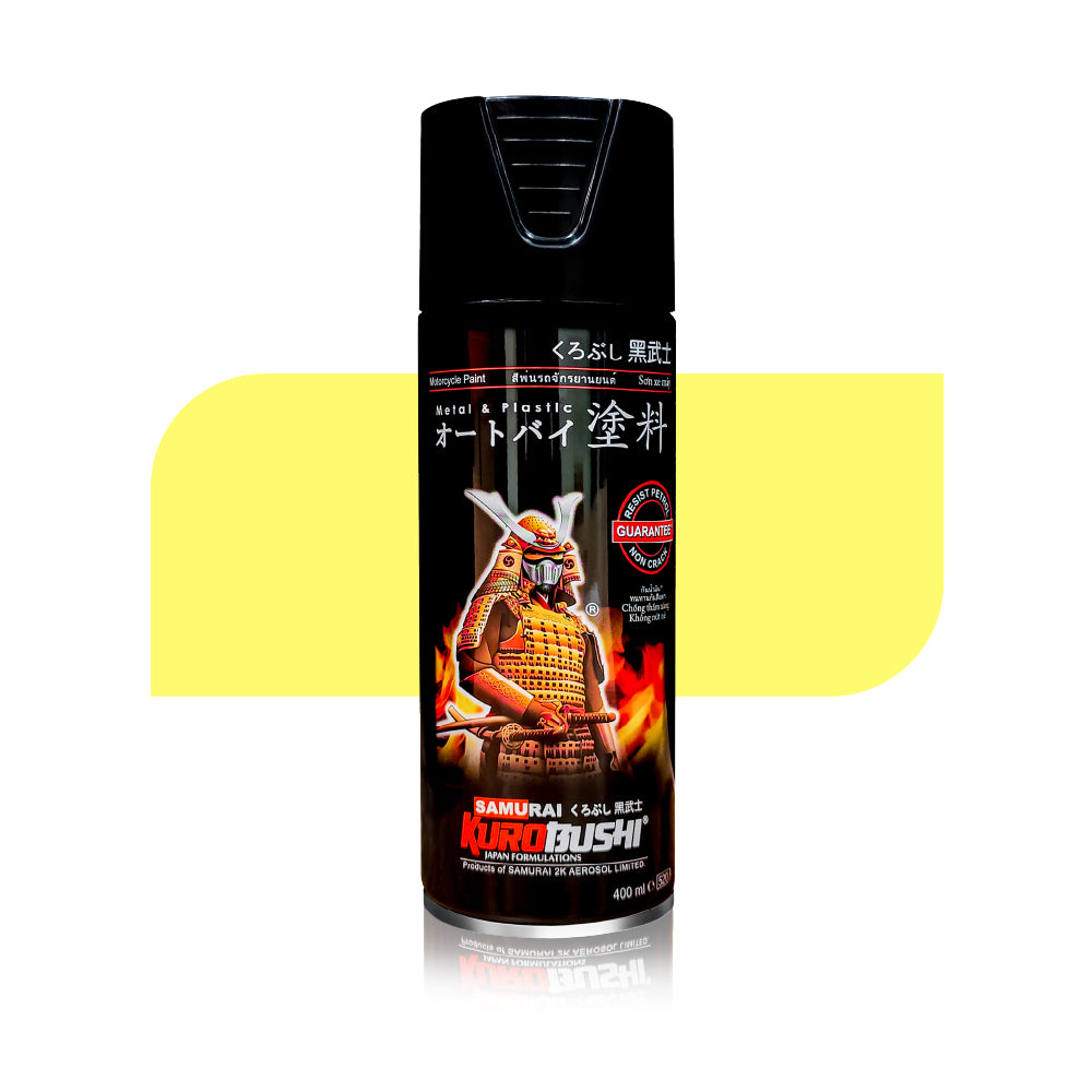 Moon yellow spray paint can with dark nozzle and yellow label