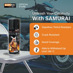 Samurai aerosol paint can with black cap; gasoline/petrol resistant, crack resistant